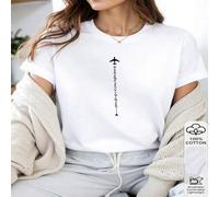 1 Stück Damen T-Shirt 100% Baumwolle, minimalistisches Reiseflugzeug Grafik, vertikaler Schriftdruck, moderner Stil für Frühling Sommer, Mode T-Shirt