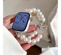 1 Stück Damen Weiß Metallic Mode Perle Strass Schleife Elastikband kompatibel mit 38/40/41/44/45/49/42/46mm Serie 11/SE3/Ultra3/Ultra/SE/SE2/10/9/8/7/