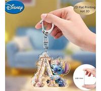 1 Stück Disney Stitch Acryl Schlüsselanhänger - 26 englische Buchstaben, süßes Kronen-Cartoon-Design mit Blumen dekoriert, strapazierfähiger Zinklegie