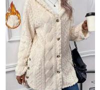 1 Stück einfarbiger, flauschiger Strick-Hoodie mit Knopfleiste für Damen, flauschiger, strukturierter langer Mantel, Karomuster, lässiger Herbst-/Wint