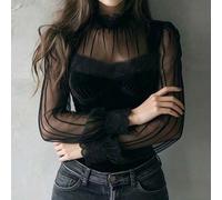 1 Stück einfarbiges gestricktes Stoff-Spitzen-Patchwork Volant-Saum Damen Langarm Top in Schwarz, Damen Resort-Bekleidung, elegantes Modespitzen-Trim