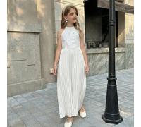 1 Stück Eleganter Jumpsuit für Tween Mädchen aus gewebtem Stoff mit luxuriösem, kundenspezifischem, 3D-Blumendekor, Reißverschluss hinten, plissierter