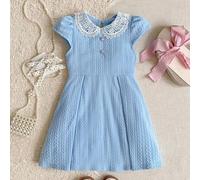 1 Stück elegantes Kleid für Kleine Mädchen mit Spitzenkragen, blau gerippter Rundhalsausschnitt und Kurzarm, geeignet für Ausflüge, Zusammenkünfte, Fe