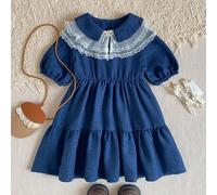 1 Stück elegantes Marineblau Kleid für Kleine Mädchen mit Spitzenkragen und Puffärmeln, geeignet für Casual, Ausflüge, Veranstaltungen, Feste, Frühlin