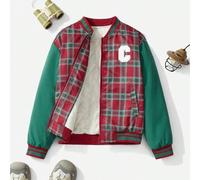 1 Stück gepolsterte Bomberjacke für Tween Jungen, kariertes Patchwork-Abzeichen-Design, warm und bequem für Lässig, Stadt, Outdoor, Sport, Schule, Tre