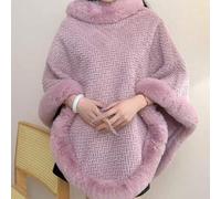 1 Stück gestrickter strukturierter Damen Kapuzen-Poncho Schal, weicher Kunstkaninchenfell Kragen, locker sitzende Herbst/Winter Außenkleidung Cape für