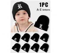 1 Stück Gotische Stickerei 26 englische Buchstaben Kinder Strickmütze, Jungen/Mädchen Outdoor warm Lässig Beanie Kappe für den täglichen Gebrauch, Win