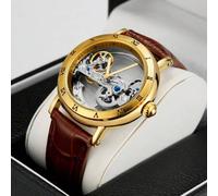 1 Stück Herren klassische vintage goldrandige transparente Cut Out automatische mechanische Uhr mit römischen Ziffern, aufwendig graviertem Uhrwerk, h