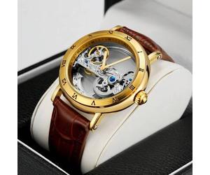 1 Stück Herren klassische vintage goldrandige transparente Cut Out automatische mechanische Uhr mit römischen Ziffern, aufwendig graviertem Uhrwerk, h