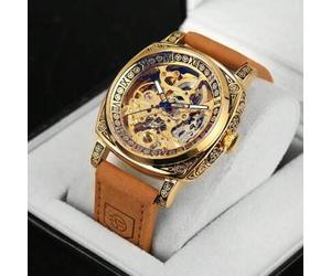 1 Stück Herren Luxus Vintage Gold Quadratische Cut Out Automatische Mechanische Uhr, Exquisites Graviertes Gehäuse, Leuchtende Zeiger, Business Lässig