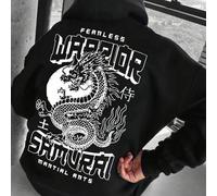 1 Stück Herren Sweatshirt in Große Größen, schwarz, thermisch gefüttert, warm und windabweisend für den Winter, mit kreativem Drachen-Element und Slog