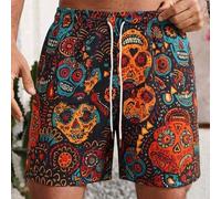 1 Stück Herren Tag der Toten Skelett zufälliger Muster Badeshorts, bunte Graffiti-Optik, Kordelzug elastischer Bund, leicht und nicht klebend, Sommer
