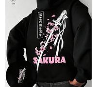 1 Stück Hoodie, Samurai Schwert & Kirschblüten Element Fleece gefüttert Sweatshirt, Lässig, Schule, Pendler Tragen, Paar Outfit, Grafik Muster, Kirsch