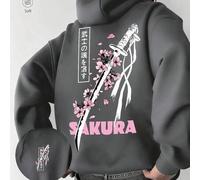 1 Stück Hoodie, Samurai Schwert & Kirschblüten Element thermisch gefütterter Sweatshirt, Lässig Alltagskleidung, Pendeln, Unisex Paar Outfit, Grafik M