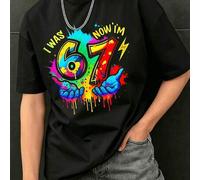1 Stück Jungen Graffiti 67 Nummer Geburtstag Kurzarm T-Shirt, Rundhals bedruckter Casual Streetwear, geeignet für Geburtstagsparty