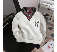 1 Stück Jungen Grau Fleece Vintage College Stil 2 in 1 Patchwork Hemd Polokragen karierter Sweatshirt, Langarm Top mit Nummer 17 Aufdruck, Relaxed Fit