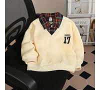 1 Stück Jungen Retro College Stil 2 in 1 karierter Polokragen Sweatshirt, Langarm Top mit Nummer 17 Aufdruck, Relaxed Fit, angenehmer Stoff, geeignet