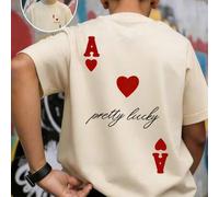 1 Stück Jungen Sommer Neu Lustiges Rotes Herz Ass Spielkarten Muster Kurzarm T-Shirt, "Pretty Lucky" Schriftzug Design, Amerikanischer Street-Style To