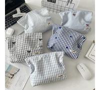 1 Stück karierter blauer bestickter Blumen Kosmetiktasche, Lippenstift Organizer Tasche, Make-up Pinsel Halter Reiseaccessoire für Urlaub und Reisen,