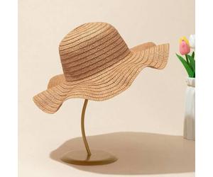 1 Stück Khaki Sommer Strohhut für Frauen mit gewelltem Streifenmuster, eleganter UV-Schutz Hut für Strand Resort Reise mit Schleife