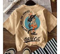 1 Stück khakifarbenes T-Shirt mit Cartoon-Tier Muster, rundem Ausschnitt und Kurzarm, modischer Flare-Stil für junge Jungs, lässig Cartoon-Muster, run