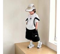 1 Stück Kinder lässiges, vielseitiges modisches Farbblock Nummer- und Buchstaben bedrucktes Kurzarm T-Shirt, locker sitzend, geeignet für Frühling/Som