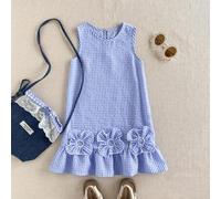 1 Stück Kinder/Mädchen elegantes lässiges Schulstil Loose Fit blau & weiß kariertes Kleid mit Blumen Dekor, geeignet für den täglichen Gebrauch, Rückk