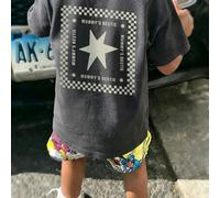 1 Stück Kleine Jungen Kariertes Stern T-Shirt, dunkelgrau "Mamas Bestie" Slogan Muster Kurzarm, süßes Stern Design lässiges vielseitiges Top