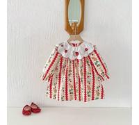 1 Stück Kleine Mädchen Frühling/Sommer Langarm Kleid mit besticktem Kragen, süßer Kaninchen- und Erdbeermotiv-Muster, geeignet für Kleine Mädchen und