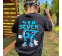 1 Stück Kleinkind Jungen Straßen-Stil Rundhals Kurzarm T-Shirt, lustiger Pixel Nummer SECHS SIEBEN & Cartoon Bauklötze Muster, schwarzes lässiges atmu