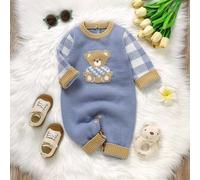 1 Stück Kleinkind süßer grau-blauer gestrickter Jumpsuit: Langarm Karomuster Teddybär Jacquard Romper
