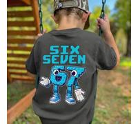 1 Stück Kleinkinder Jungen Straßen-Stil Rundhals Kurzarm T-Shirt, lustiger Pixel Nummer SECHS SIEBEN & Cartoon Bauklötze Muster, schwarzes lässiges at