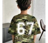 1 Stück Lässig T-Shirt für Jungen im Teenager-Alter mit "67 SIX SEVEN" Buchstaben- und Nummern-Grafik, Camouflage-Kontrast-Farbe, Kurzarm, Sommer-Top