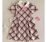 1 Stück Lässiges, elegantes, schickes, loses, süßes rosa kariertes Kurzarm-Kleid für Kleine Mädchen, geeignet für den täglichen Gebrauch, Schulanfang,
