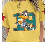 1 Stück lässiges T-Shirt mit Cartoon-Ente & Nummer/Buchstaben Muster für Teenager Mädchen, weicher Rundhals Kurzarm Top, geeignet für Frühling/Sommer