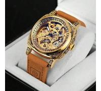 1 Stück Luxus Vintage Gold quadratische Cut Out automatische mechanische Herrenuhr, exquisit graviertes Gehäuse, leuchtende Zeiger, braunes Lederarmba