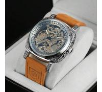 1 Stück Luxus Vintage quadratische Skelett Automatik Mechanik Herren Uhr, aufwendig graviertes Gehäuse, leuchtende Zeiger, braunes Lederarmband, Busin