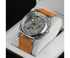 1 Stück Luxus Vintage quadratische Skelett Automatik Mechanik Herren Uhr, aufwendig graviertes Gehäuse, leuchtende Zeiger, braunes Lederarmband, Busin