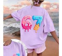 1 Stück Mädchen "67 SECHS SIEBEN" Buchstaben- und Nummern-Grafik-Muster Kurzarm T-Shirt, Schüler Jugendliche Lässig Wear, Sommer Top für Mädchen, bere