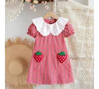1 Stück Mädchen Kariertes Stoff Bestickter Kragen Rüschen Saum A-Linie Kleid, Erdbeere Dekor, Lässiges Landhaus Picknick Prinzessin Kleid für Kleine M