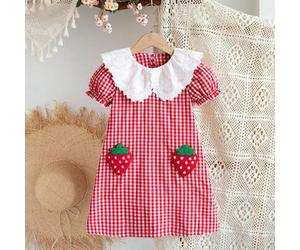 1 Stück Mädchen Kariertes Stoff Bestickter Kragen Rüschen Saum A-Linie Kleid, Erdbeere Dekor, Lässiges Landhaus Picknick Prinzessin Kleid für Kleine M