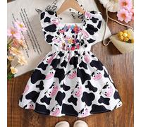 1 Stück Mädchen lässig Kleid mit Blumen- und Kuhprint Muster, zufälliger Kuh- und Kuhprint am Saum, für Outdoor Frühling/Sommer