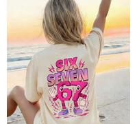 1 Stück Mädchen Lässig Loose Rundhals Kurzarm T-Shirt, lustiger Cartoon Nummer 67 & Buchstaben Muster auf der Rückseite, Sommer Strand Urlaubsstil, am