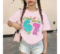 1 Stück Mädchen Lässig Mode kreativ einzigartig frisch minimalistisch Nummer 67 rosa Stern Slogan Muster bequemes Basis Kurzarm T-Shirt, warm und gemü