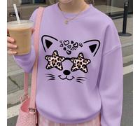 1 Stück Mädchen Leoparden-Muster Stern & Katzen-Element Rundhals Sweatshirt, bequem, für Frühling Herbst Schulaktivitäten, personalisierter Stil