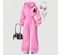 1 Stück Mädchen Oversized Leuchtend Rosa Lässiger Kapuzen-Reißverschluss Sweatshirt & Hohe Taille Fleece Jogginghose Set, geeignet für Innen/Außen, Sp