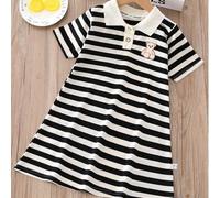 1 Stück Mädchen Polokragen Kurzarm Kleid mit besticktem Bärenmotiv, gestreifter A-Linien Rock, Schul-Stil