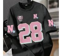 1 Stück Mädchen T-Shirt mit amerikanischer Nummer Muster, rosa "28+N" Druckstil, weicher angenehmer Stoff, geeignet für Alltag Outfit, Schule, Frühlin