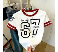1 Stück Mädchen Tween Süßes Figurbetontes Kurzarm Rundhals Bedrucktes T-Shirt mit Nummer 67 Sechs Sieben aus Polyester, mit kontrastfarbiger Einfassun