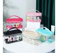 1 Stück modische Chenille Buchstabe Patch Kulturbeutel, MEDS Kosmetiktasche - Mit Griff, transparenter PVC Reise-Medikamententasche, wasserdichter Nyl